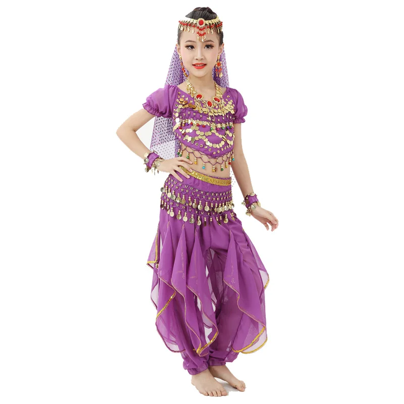Стиль, 3 предмета, детский индийский костюм для танца живота, детский Болливуд, танцевальные костюмы для девочек, одежда для танца живота - Цвет: Purple