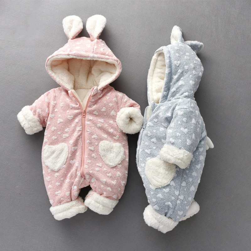 

lovely Newborn Baby Clothes Cute Rabbit Ear Winter Romper For Bebe Girls boys spots Warm Thicken cute Clothing
