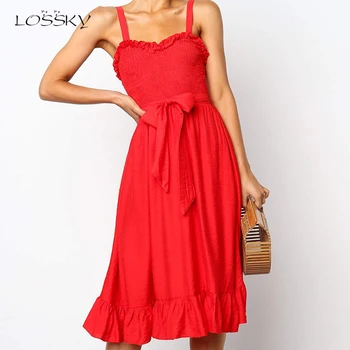 

Lossky Summer Cotton Dress Casual Women Red White Ruffle Slip Dresses Fashion Ladies Clothes New Arrival 2020 Vestido De Mujer