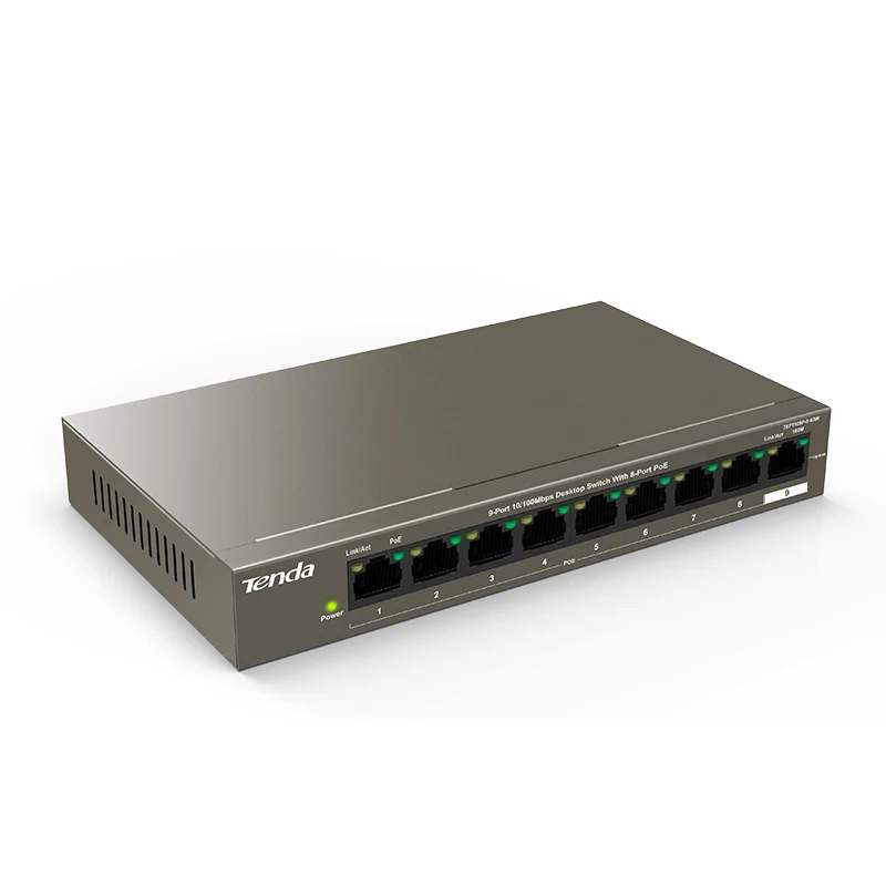 Tenda TEF1109P-8-63W Fast Ethernet Full-Duplex 10/100 Мбит/с 1,8 Гбит/с Мощность переключателя 58 Вт, 250 м, 6кВ Защита от молнии