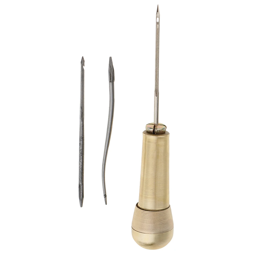 3 Needles Straight Needle Curved hook needle Copper Handle Sewing Awl Hand Stitcher Shoe Repairing Sewing Tool