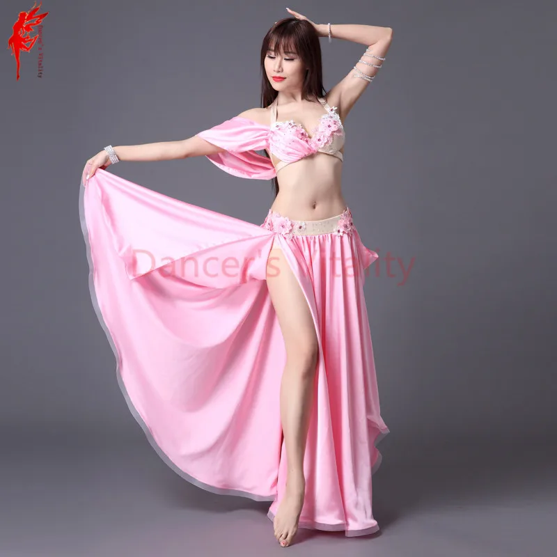 

Performance belly dance costumes for girls Rhinestones top+satin skirt 2pcs women belly dance set on the stage