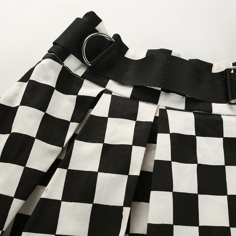 13Sweetown Korean Fashion Checkerboard Pleated Skirts Womens Sashes High Waist Zipper Cotton Short Skirt Woman Summer 2018 Skirts
