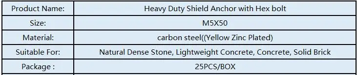 M5X50 сплошная стена сверхмощный дюбель-анкер с болт с шестигранной головкой 25 шт./кор