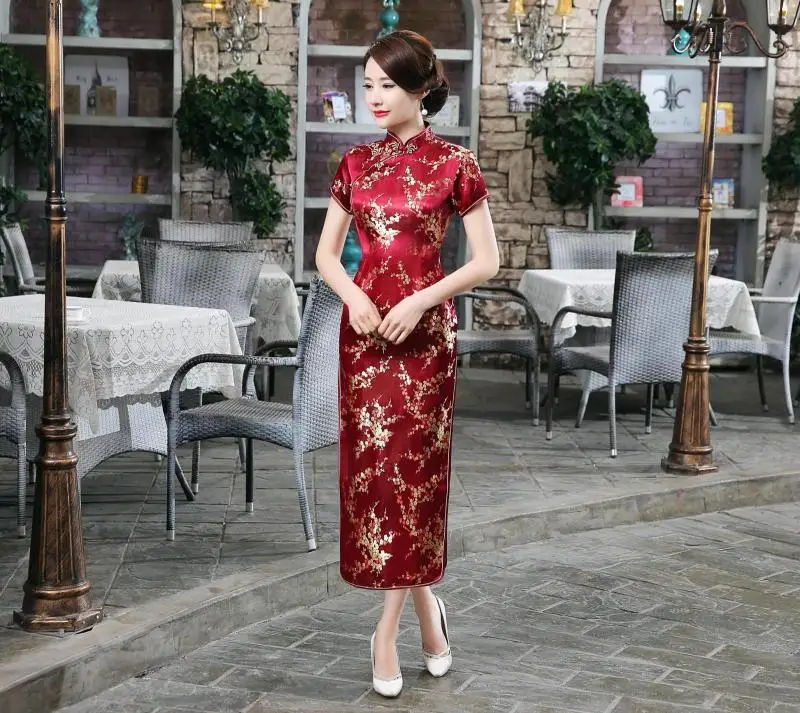 Черный, красный китайское традиционное платье Для женщин Cheongsam Qipao летние шорты рукавом длинное платье цветок размеры S M L XL XXL 3XL 020204