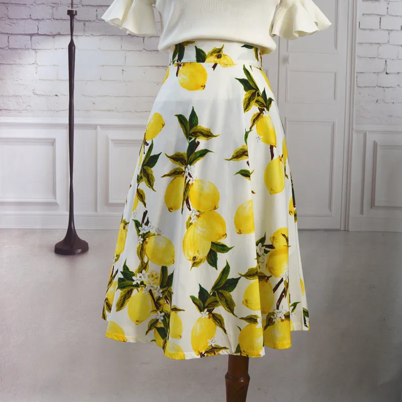Womens Customize Lemon Flower Print Cotton Skirts Ladies Casual High