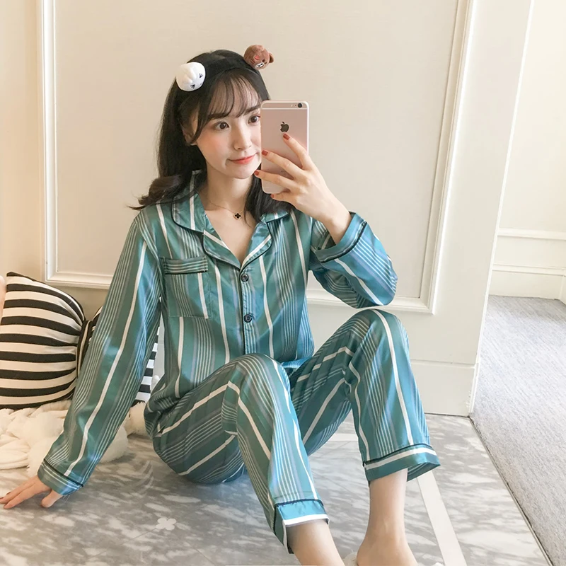 

2019 Spring Summer Pajamas Silk Print Sweet Women Sleepwear Set Girl Nightgown Long Pant Cute Silk Pajamas Sets