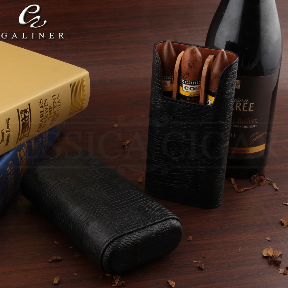 GALINER Gadgets Cedar Wood Humidor Leather Cigar Travel Case Portable 3 Tubes Holder Cigar Humidor