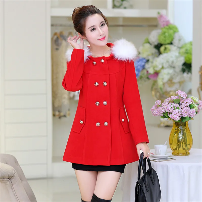 

Autumn Winter Women Outerwear 2018 New Medium Long Hooded Female Woolen Coat Double-Breasted Fur Collar Ladies Woolen Coat Cw067