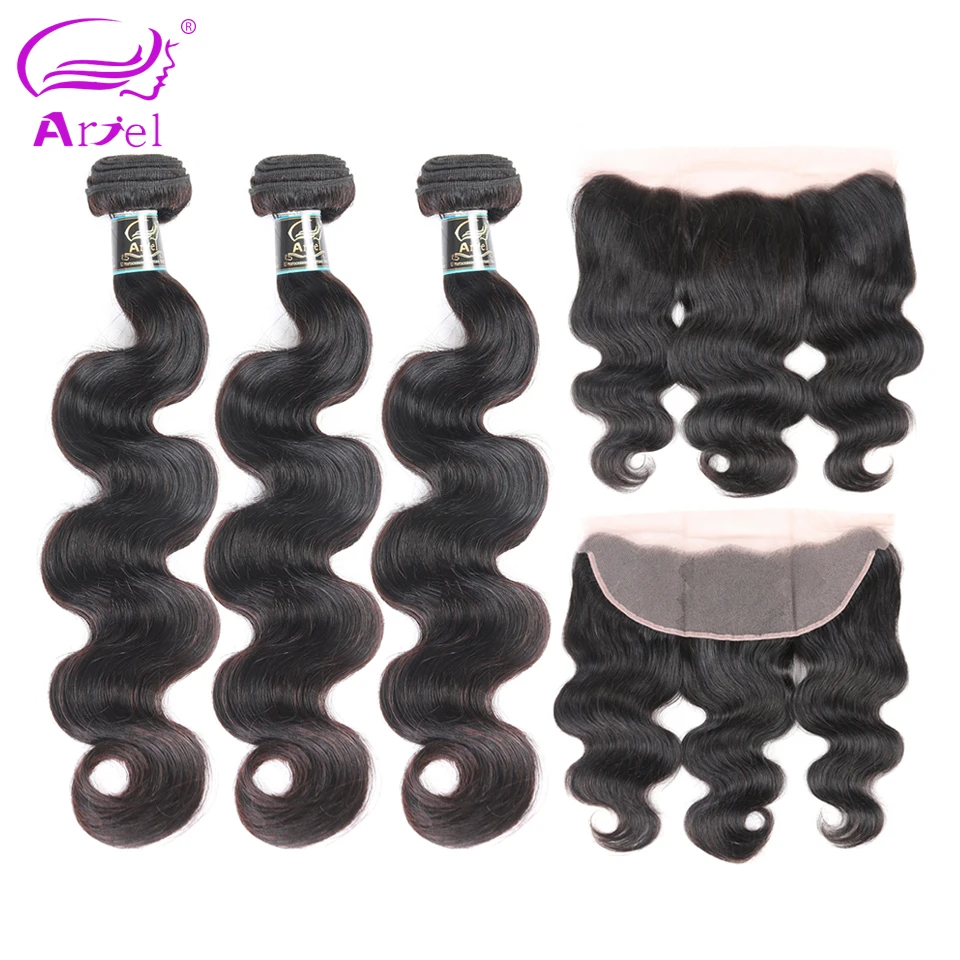 Ariel 13*4 Lace Frontal Closure With Bundles Brazilian Body Wave With Closure Non Remy Human Hair 3 Bundles With Closure body-wave