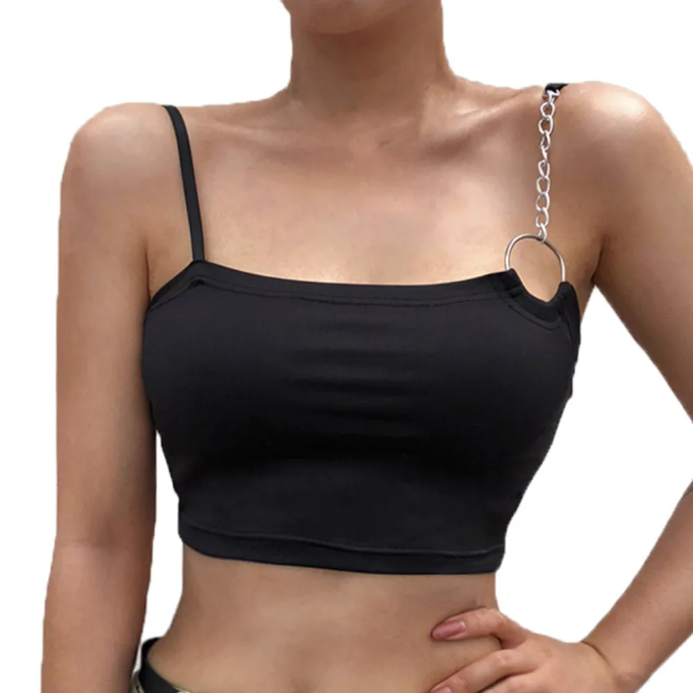 Сексуальный женский укороченный топ с открытыми плечами и металлическим кольцом, однотонный жилет для девушек, топы на бретелях, укороченная женская одежда высокого качества - Цвет: Черный
