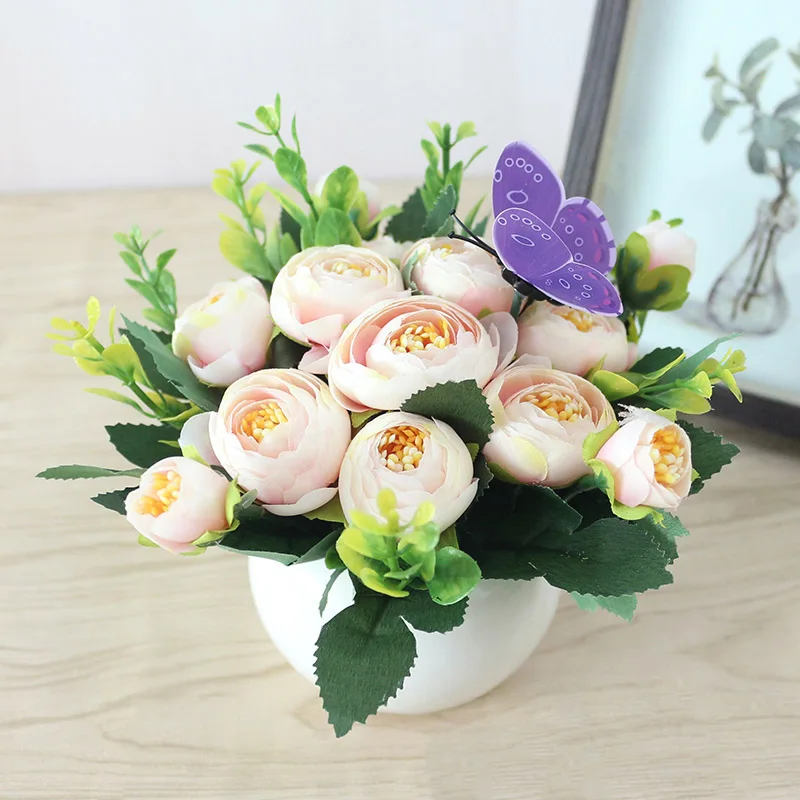 JAROWN Artificial Flowers Rose Quality Ceramics Vase +Silk Flowers Artificial Flower Set Home Decoration Home Flowers Decoration 2)