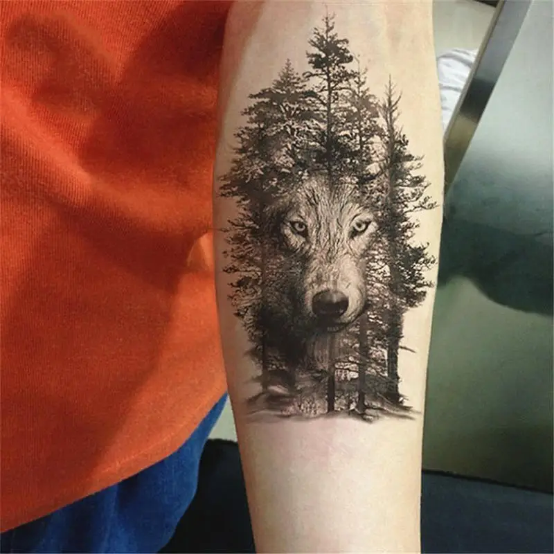 

1Pc Waterproof Temporary Tattoo Sticker Chest Wolf Forest Stickers Flash Fake Tattoos For Women Men Body Arm Animal Dog head