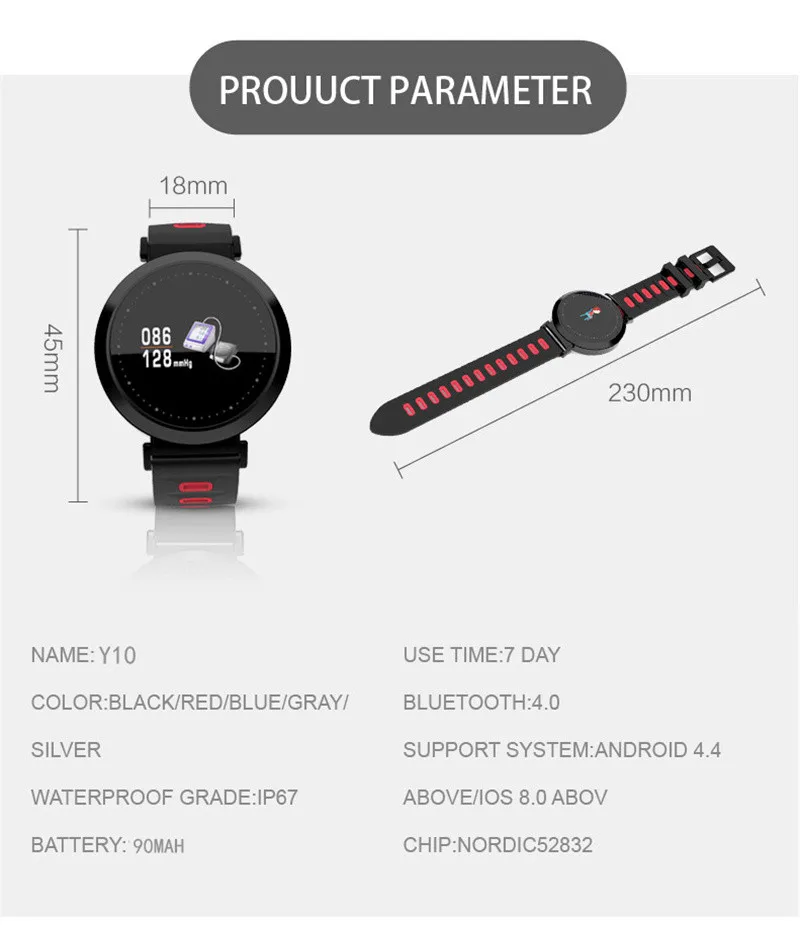 2018 Y10 Смарт часы Спорт Bluetooth Цвет Экран умный Браслет крови Давление монитор сердечного ритма Фитнес трекер Браслет