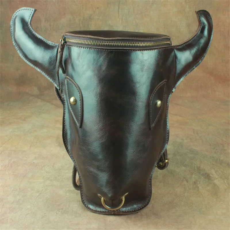 

Nesitu Vintage Cow Head Shape Brown Crazy Horse Genuine Leather Small Men Women Backpacks for Girl Female Male Travel Bags M8841