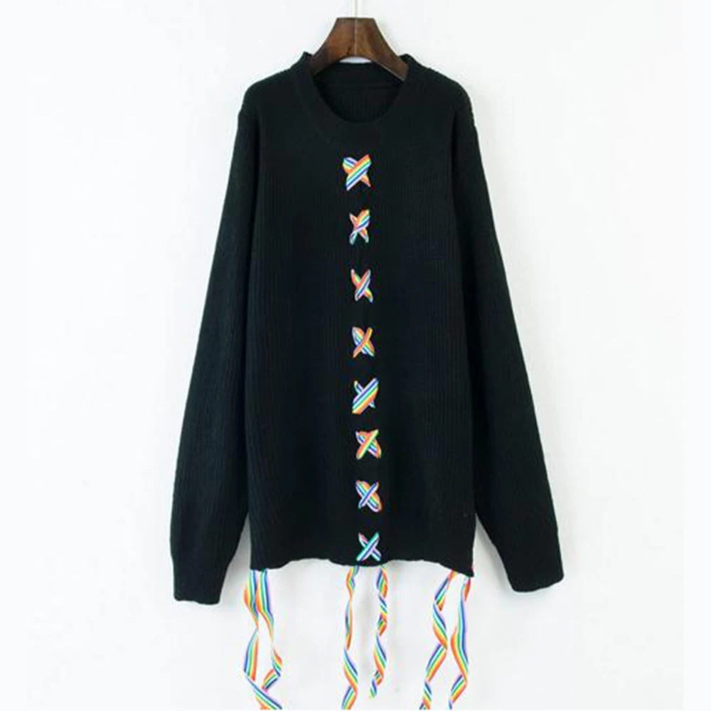 Bohemian Style Women Autumn Knitted Sweater Cross Lace Up Pullover Loose Casual Street Fashion Sweaters Boho Female Top Clothing Sweaters