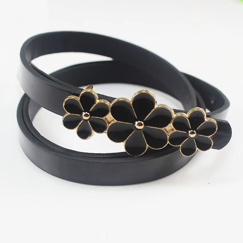 New Fashion Thin PU Leather Belt Black White Cute Flower Waist Belts
