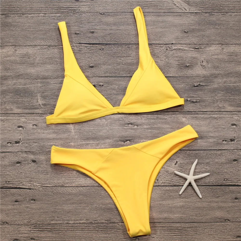 Solid Bikini Set Mujer Push Up Padded Triangle Two Piece Swimwear Yellow Low Waist Sexy Swimsuit Women Brazilian Bathing Suit    (3)