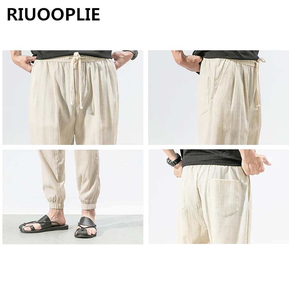 RIUOOPLIE Men Reto Casual Loose Cotton Linen Elastic Waist Lantern Pants Haren Trousers 4