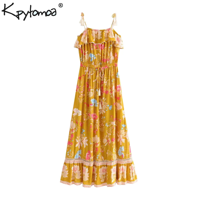 

Boho Chic Summer Vintage Floral Print Ruffes Maxi Strap Dress Women 2019 Fashion Bow Tie Tassel Backless Beach Dresses Vestidos