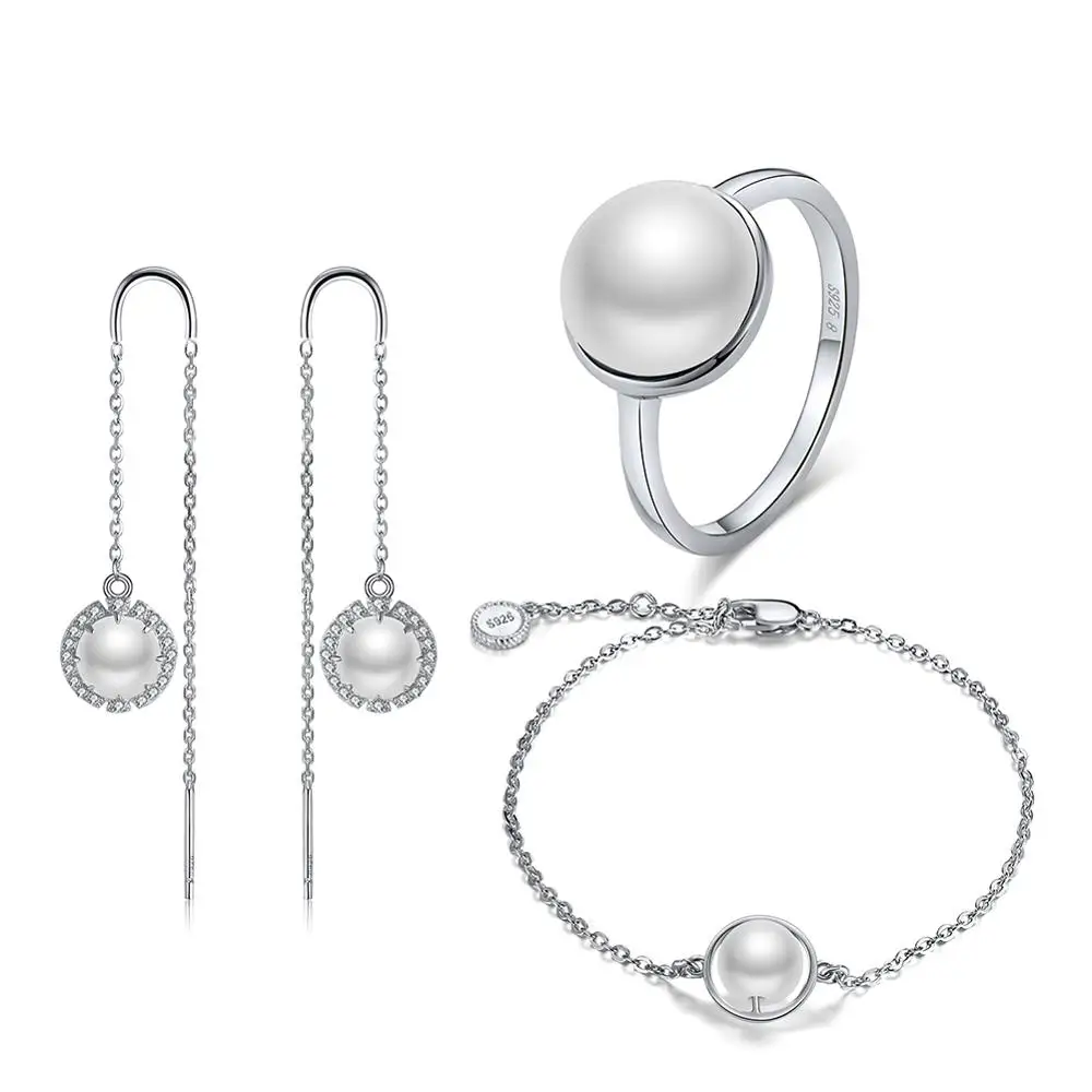 ORSA JEWELS 925 стерлингового серебра женские кольца полудрагоценный камень бирюзовый серебряный браслет+ жемчужные серьги ювелирные украшения набор OSS26 - Цвет камня: Top Simulated Pearl