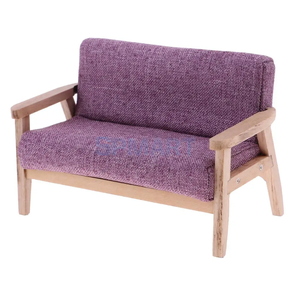 1:12 Scale Dollhouse Miniature Wooden Double Sofa Couch Living Room Bedroom Furniture Decoration Dolls Accessory Model Toy