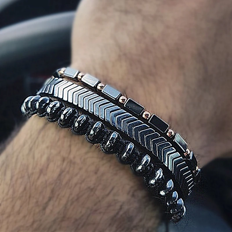 

Bracelet Men Braided Rope Natural Hematite Stone Geometry Bead Trendy Paired Chain Bangles Watch Companion Pulseira Masculina