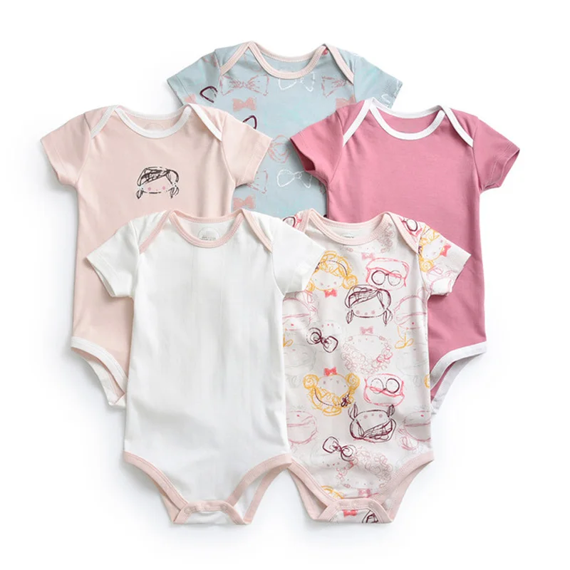

5 Pack Bodysuits Snap Buttons O-Neck 100% Cotton Short-Sleeves Soft Cute Unisex-Baby Bodysuits 3-24 Months
