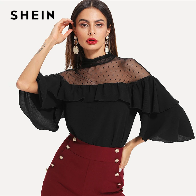 

SHEIN Black Elegant Stand Collar Dot Mesh Insert Keyhole Back Flounce Sleeve Blouse Spring Fall Women Workwear Casual Shirt Top