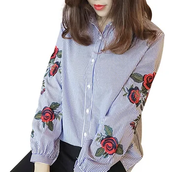 

Shirt Women's Long Sleeves Spring Summer New Large Size Shirt Loose Fashion Striped Embroidery Blouses Women's Casual