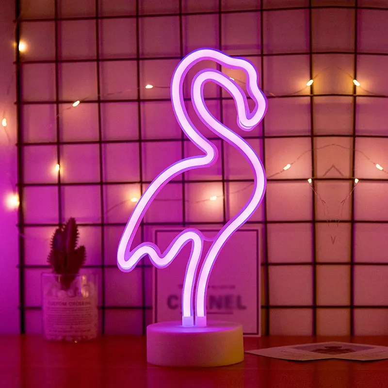Decoración de fiesta luz de noche de neón Linda estrella de la luna Lightning Flamingo forma batería USB operado lámpara de neón para decoración de vacaciones