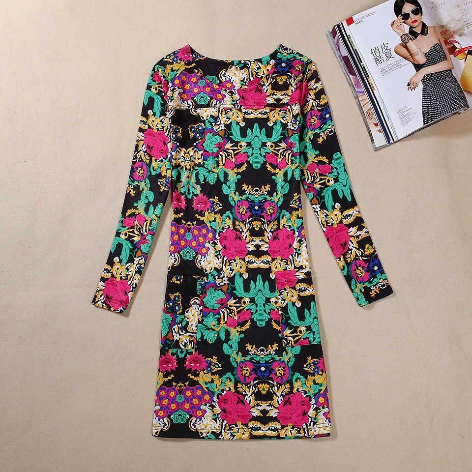 New Women's Summer & Autumn O-neck A-line skirt classic long-sleeved printed dress