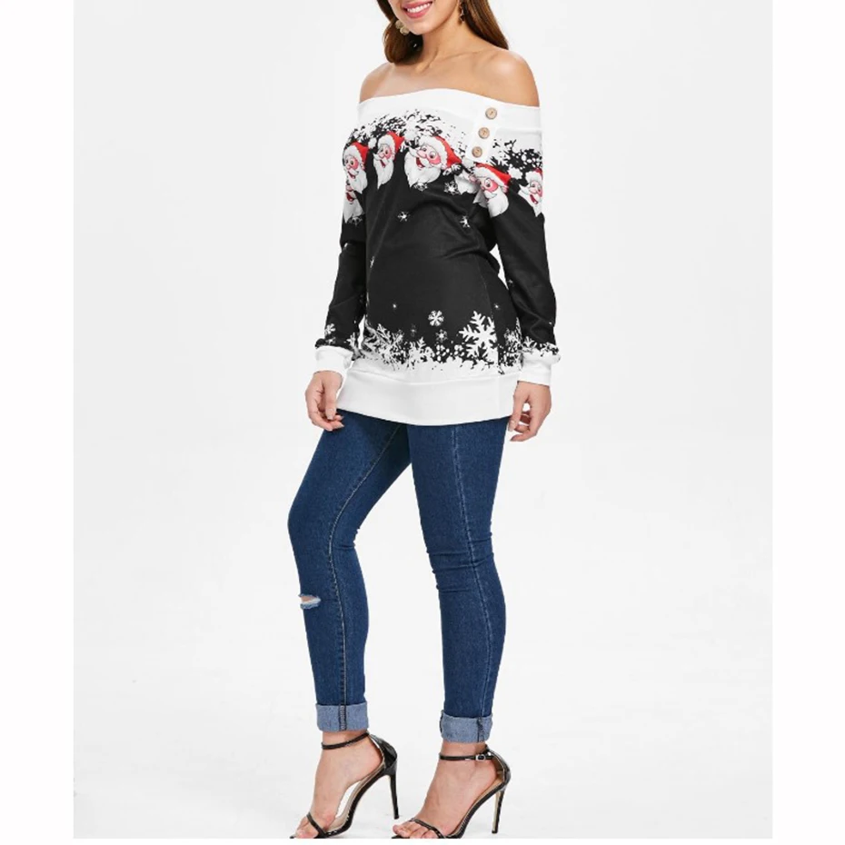Christmas Sweatshirt Off Shoulder Top Buttons Clothing Womens 2019 New Year Dress Print Santa Cute Autumn Winter Women Pullover (4)