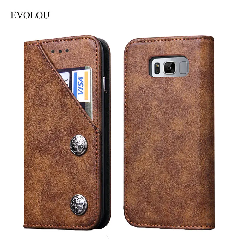 EVOLOU Retro Flip Wallet Phone Case for Samsung Galaxy S8 S8 Plus Genuine Leather Case for Galaxy S8 S8+ Phone Bag Card Holder