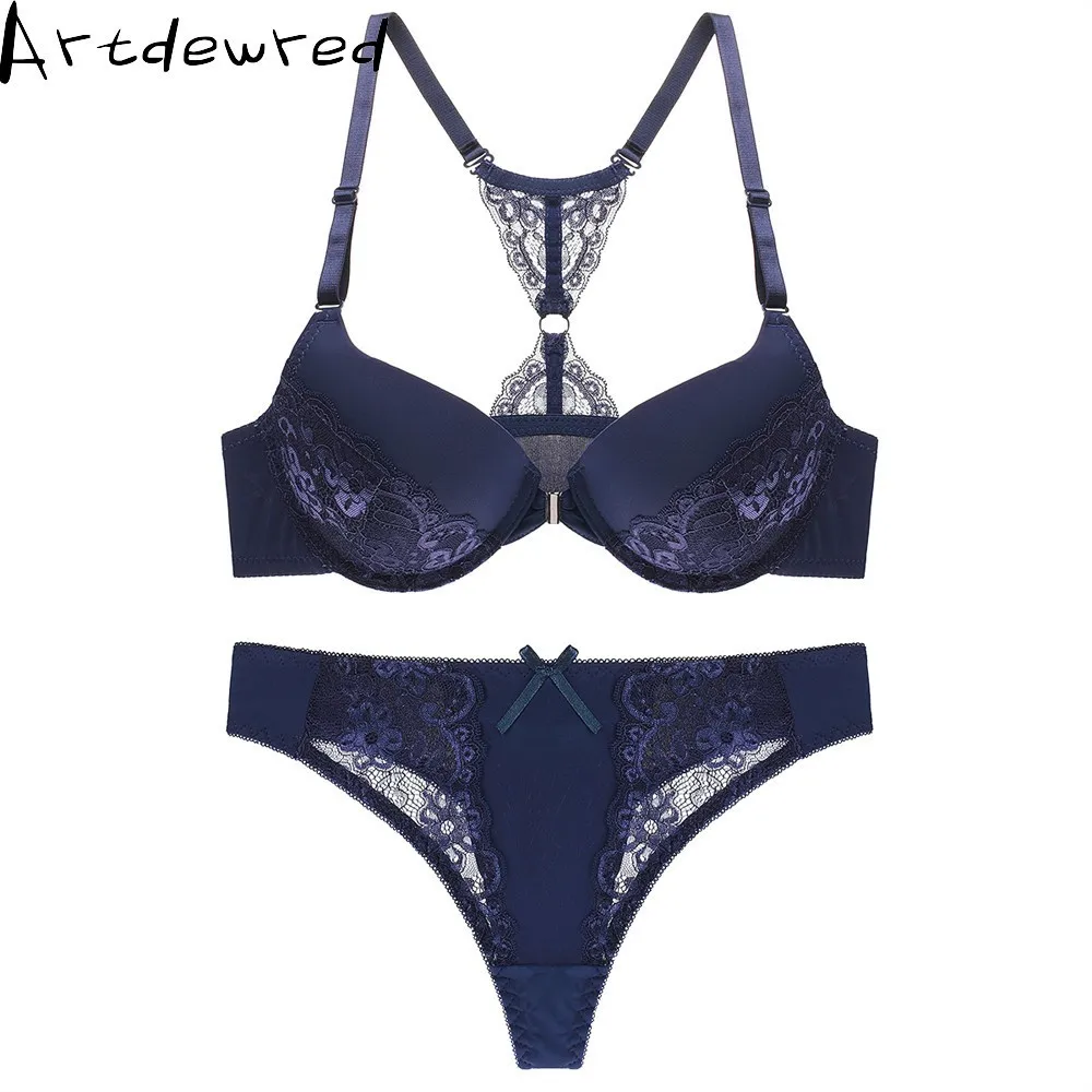 Women' Sexy Floral Lace Front Closure Underwear Y-line Straps Bra Sets Plus Size Bra and Thong Set For Lady bra and thong set