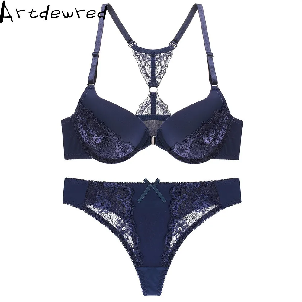 Women' Sexy Floral Lace Front Closure Underwear Y-line Straps Bra Sets Plus Size Bra and Thong Set For Lady bra and thong set Bra & Brief Sets