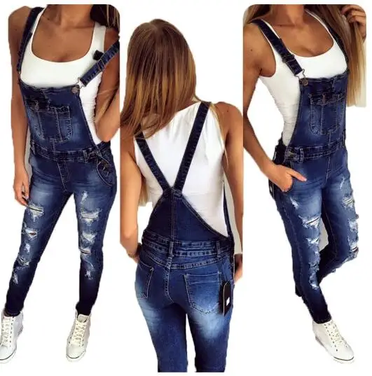 

2020 Autumn Ankle-Length Pants Hole Hollow Out Denim Jumpsuit Vintage Strap Stretch Rompers