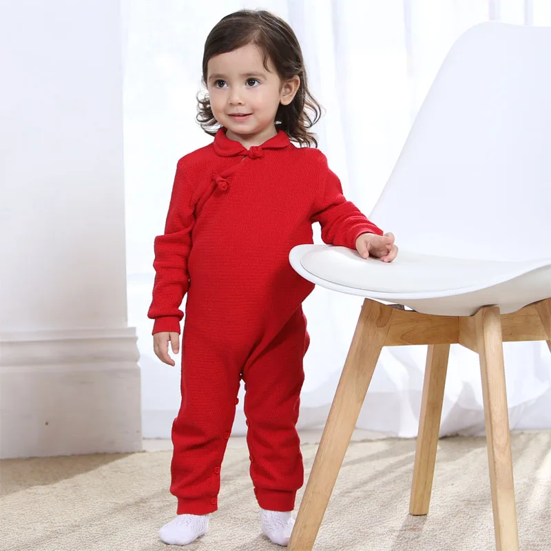 

New Spring Chinese Style Cheongsam Knitted Romper 100% Cotton Red Newborn baby Girl Jumpsuit
