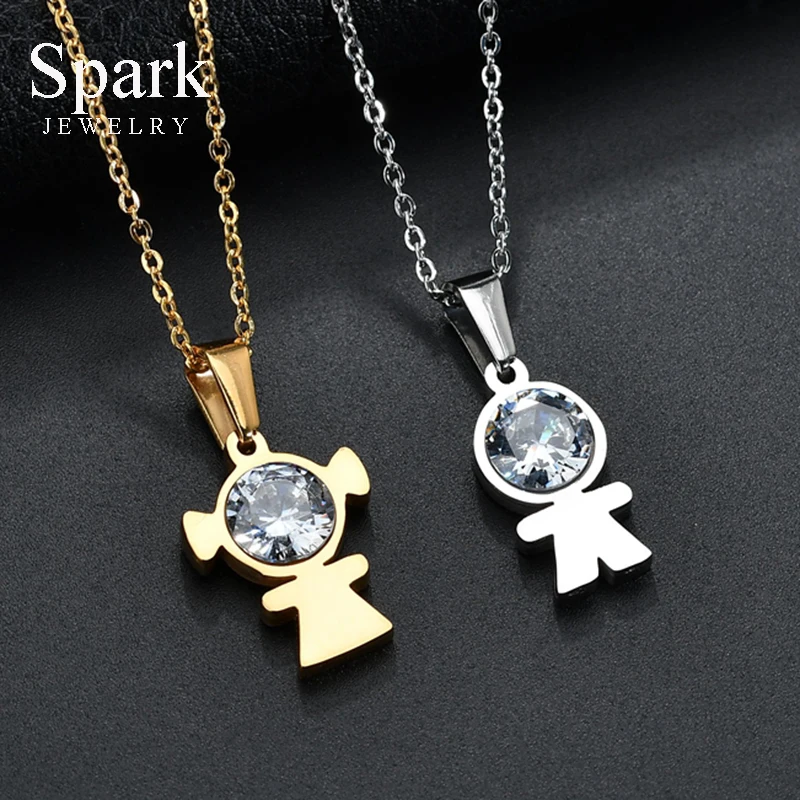 

High Quality Cubic Zirconia Boy Girl Pendant Necklace With Link Chain Lovely Gold Color Figure Family Necklace Gift For Kids
