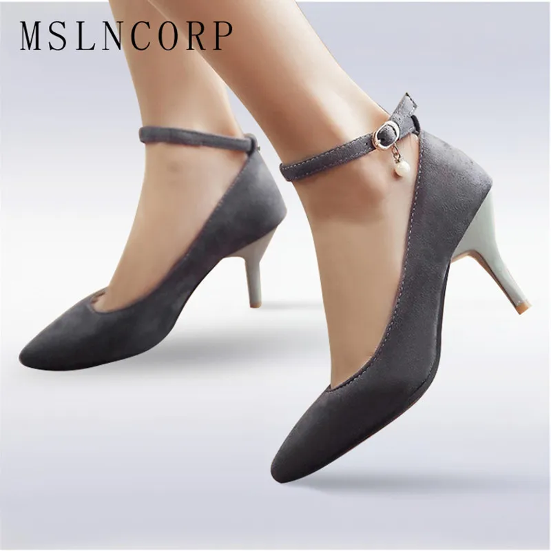 

Plus Size 34-48 Fashion Women Pump Faux Suede Ankle Buckle Slip On High Heels shoes Femme Sexy Pointed Toe Wedding Party Pumps