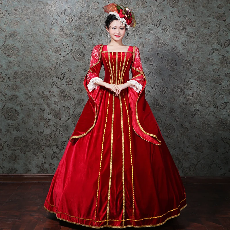Вечерние платья Rococo Baroque Marie Antoinette с красным квадратным воротником и длинным