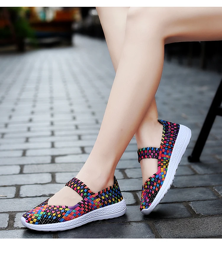 Womens Shoes Summer Sneakers Breathable Casual Flats Female Woven Shoes Slip On Ladies Loafers Handmade Sneakers Big Size 42