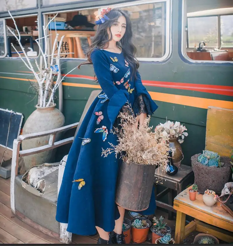 Lange mouwen maxi herfst en winter vrouwen rockabilly dance jurk handgemaakte vlinder slim retro wollen vintage grote swing vestidos Lange mouwen maxi herfst en winter vrouwen rockabilly dance jurk handgemaakte vlinder slim retro wollen vintage grote swing vestidos