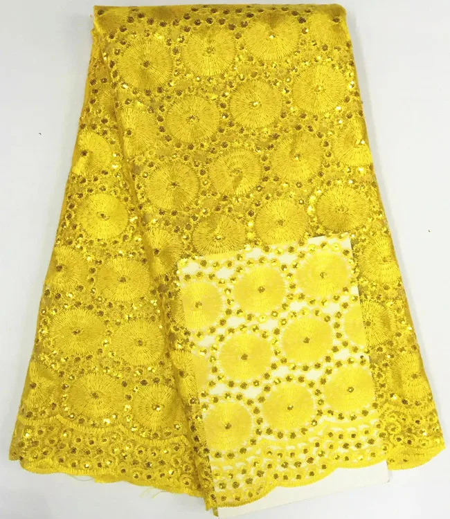 

5 Y/pc Wonderful yellow embroidery african mesh lace with small sequins flower french net lace fabric for party clothes BN49-7