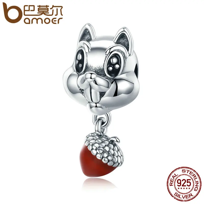 BAMOER Genuine 100% 925 Sterling Silver Squirrel & Hazelnut Animal Charm fit Girls Charm Bracelet Girls Jewelry Gift SCC326