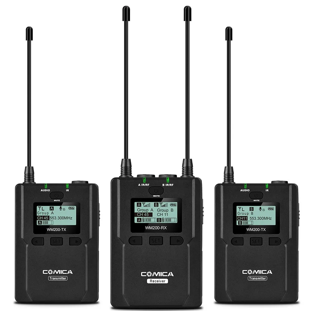 COMICA CVM-WM200 UHF металлический беспроводной микрофон для интервью с двумя передатчиками и одним приемником lavalier для DSLR камеры