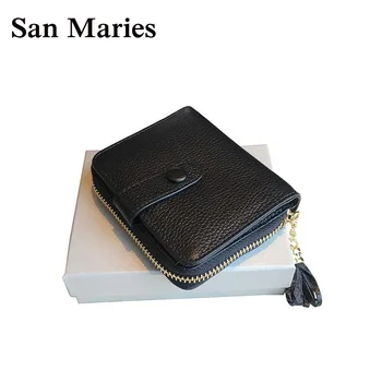 

San Maries Fashion Solid Tassel Women Wallet For Credit Cards Small Luxury Brand Cow Leather Short Womens Wallets And Purses