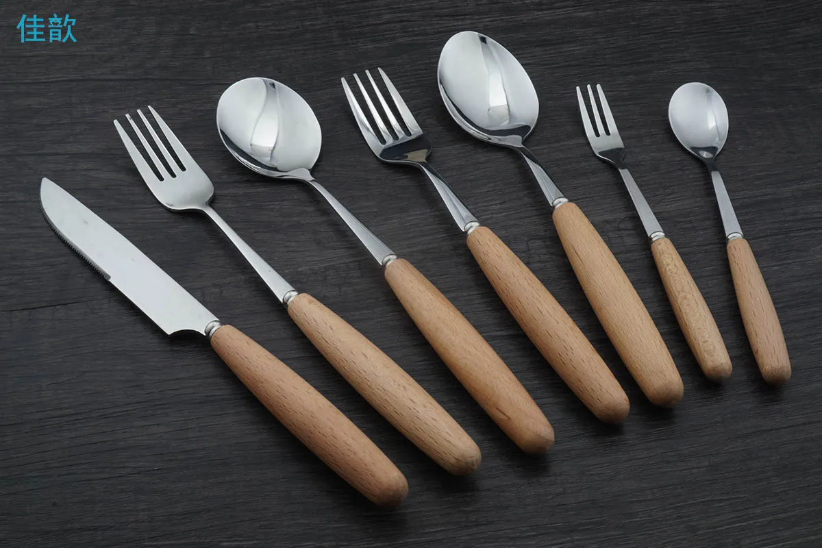 

1 Peiece Solid Wood Handle Dinnerware Stainless Steel Party Dinner Spoon Knife Fruit Fork Cutlery Round Handle Flatware