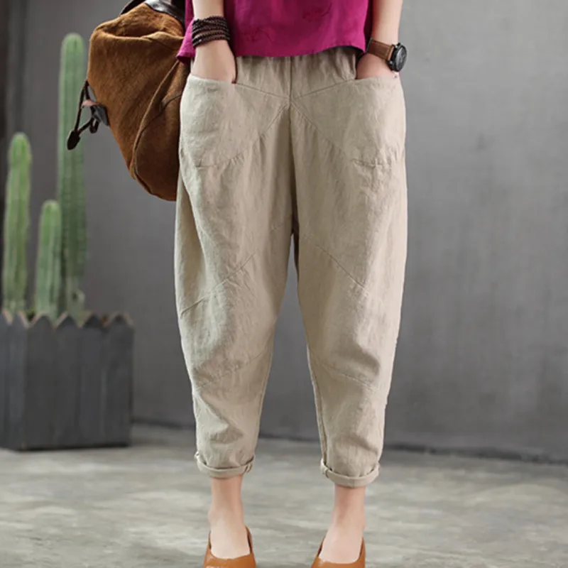

Johnature 2019 Casual Cotton Elastic Waist Pockets Fashion Pants Loose Solid Spring Summer New Ankle Length Women Pants