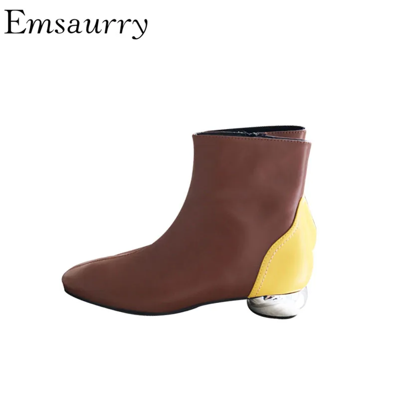 

Black Brown Geniune Leather Ankle Boots Women Side Zip Square Toe Patchwork Strange Metal Heel Short Booties